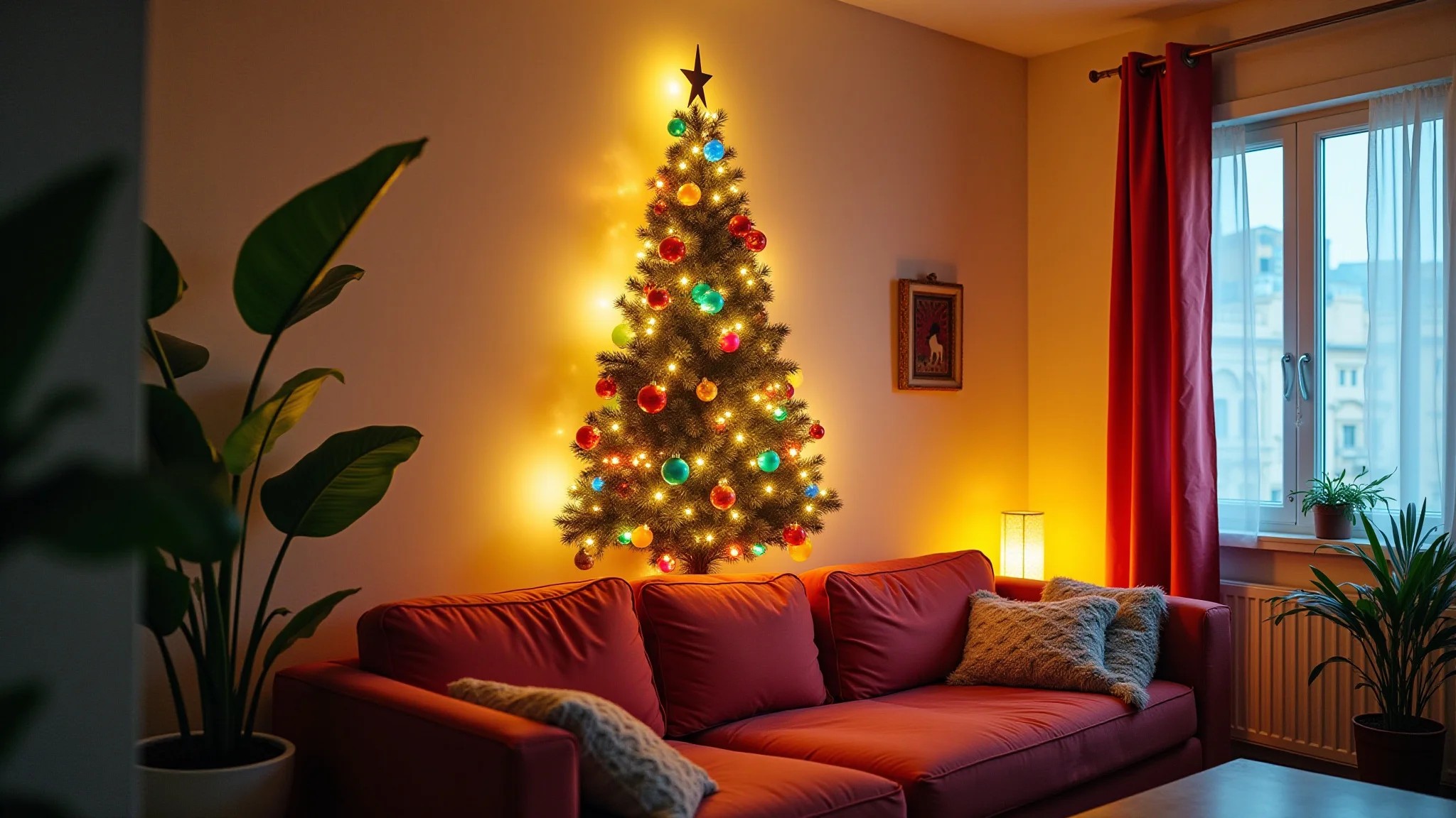 Sala aconchegante com árvore de Natal de parede feita com pisca-pisca e enfeites coloridos.