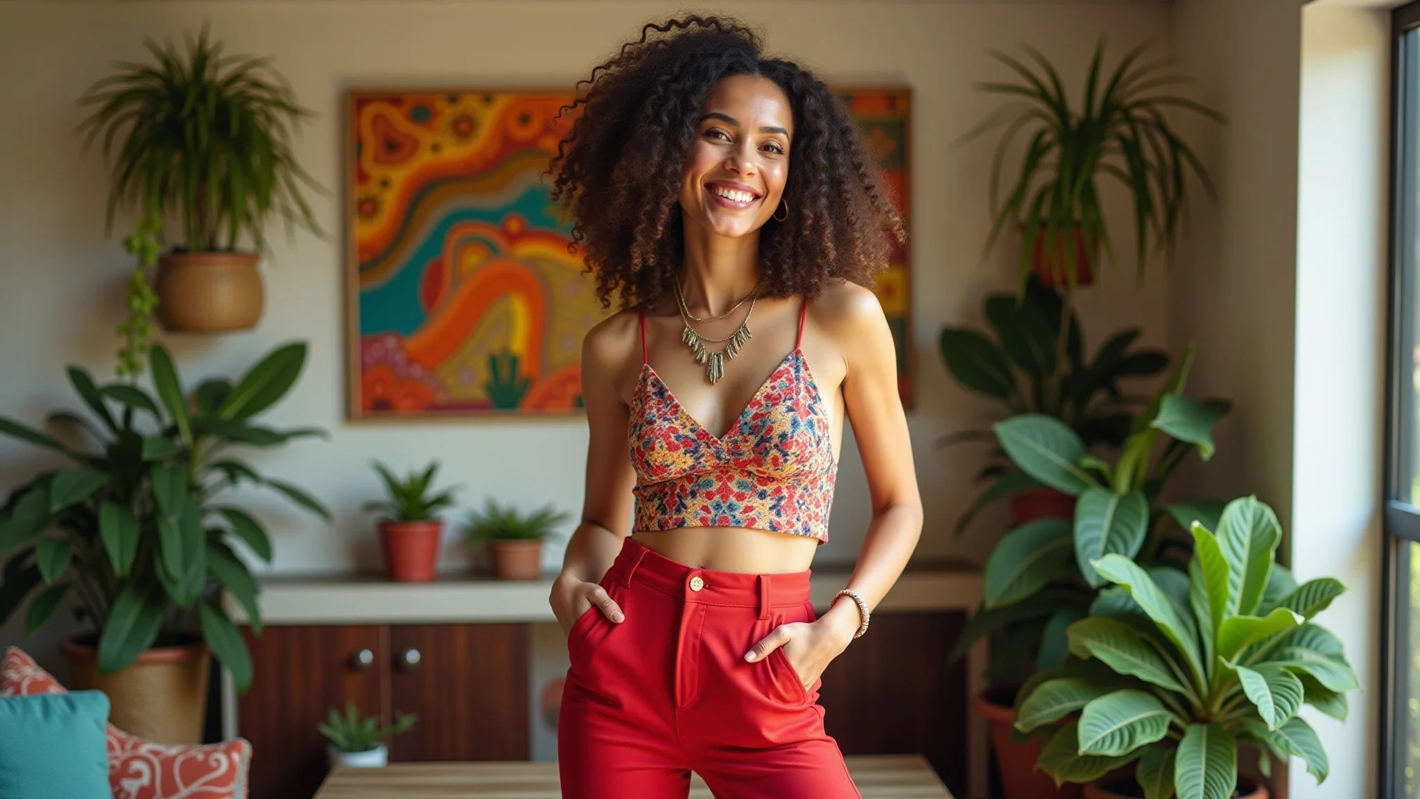 Mulher brasileira estilosa usando calça vermelha em sala vibrante com plantas.