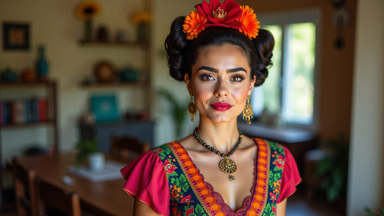 Mulher fantasiada de Frida Kahlo para o Halloween em festa brasileira.