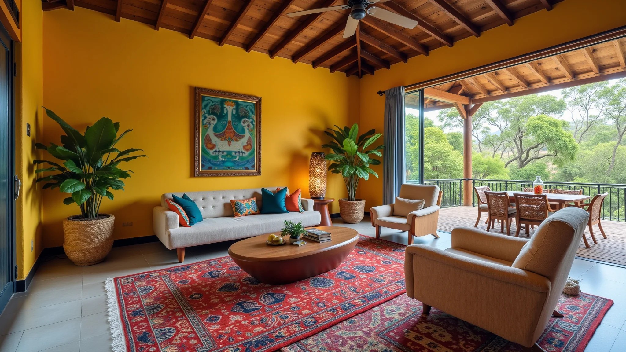 Sala de estar vibrante com tapete que complementa a decoração em estilo brasileiro.