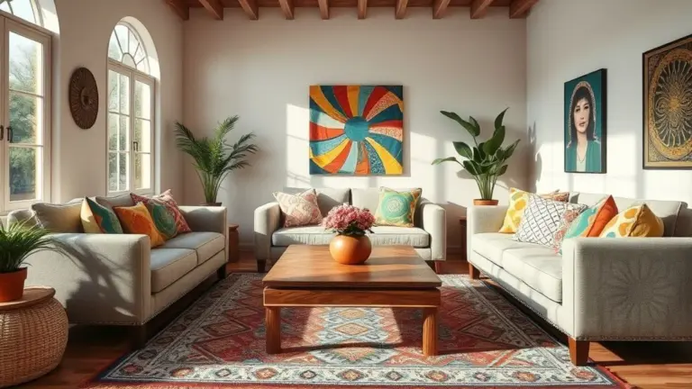 Sala vibrante com almofadas coloridas, tapete estampado e mesa de centro de madeira.