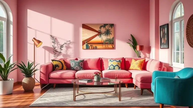 Sala vibrante com sofá colorido em tons de rosa e laranja, design brasileiro e iluminação natural.