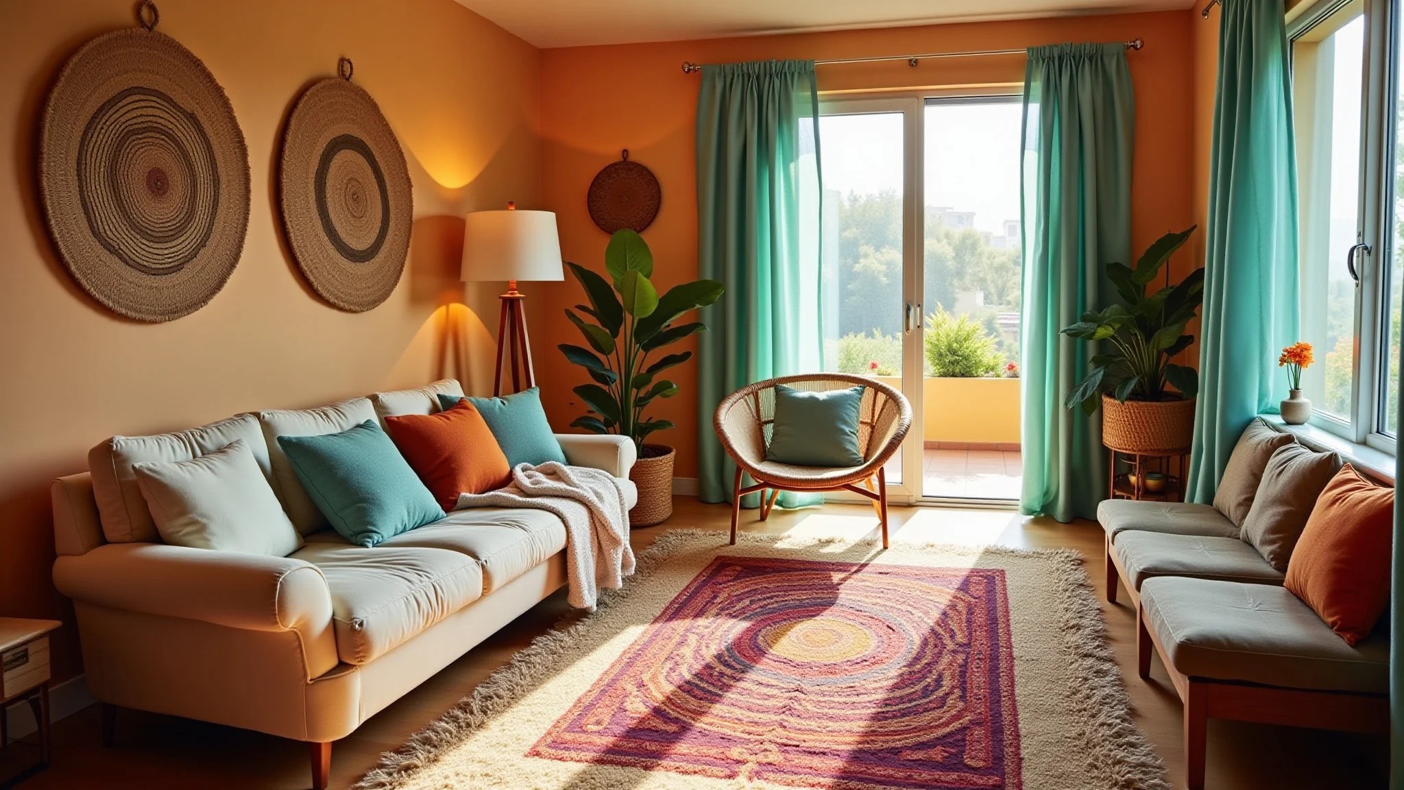 Sala de estar vibrante com tapetes de fibras naturais (sisal, juta, lã, algodão) e design brasileiro.