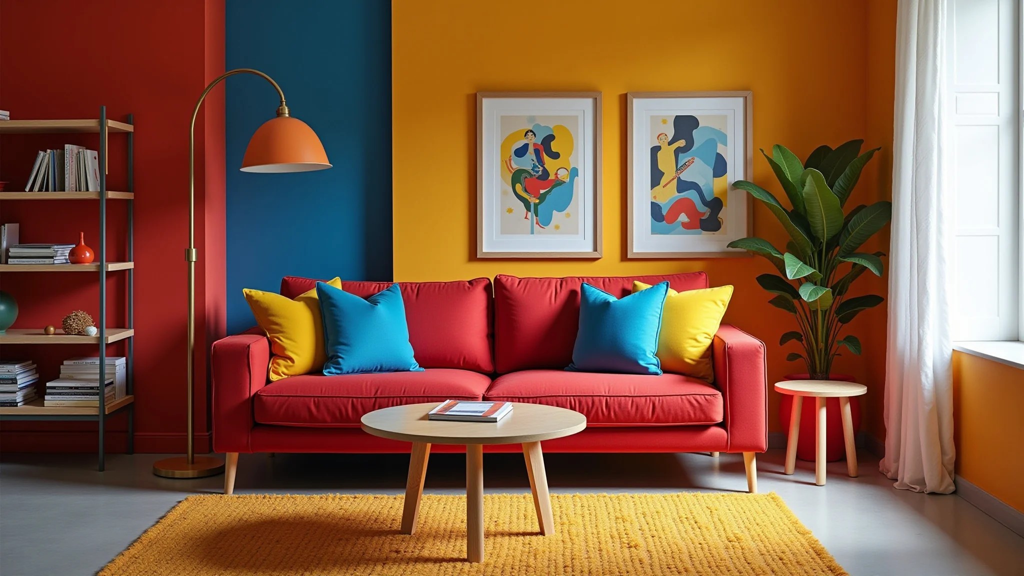 Sala vibrante com cores primárias: sofá vermelho, almofadas azuis, detalhes amarelos. Design brasileiro.