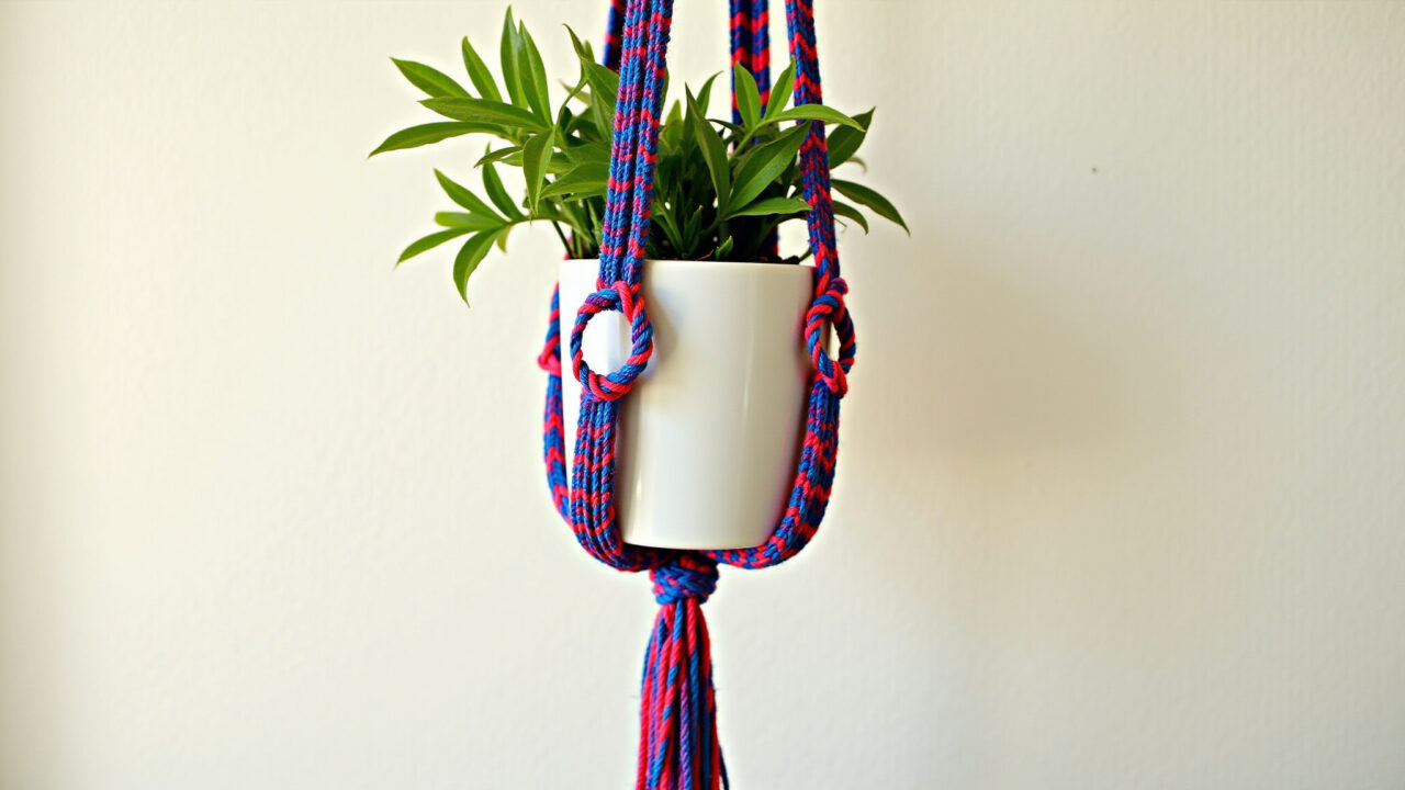 Suporte de planta macramê colorido com fio de malha vibrante.