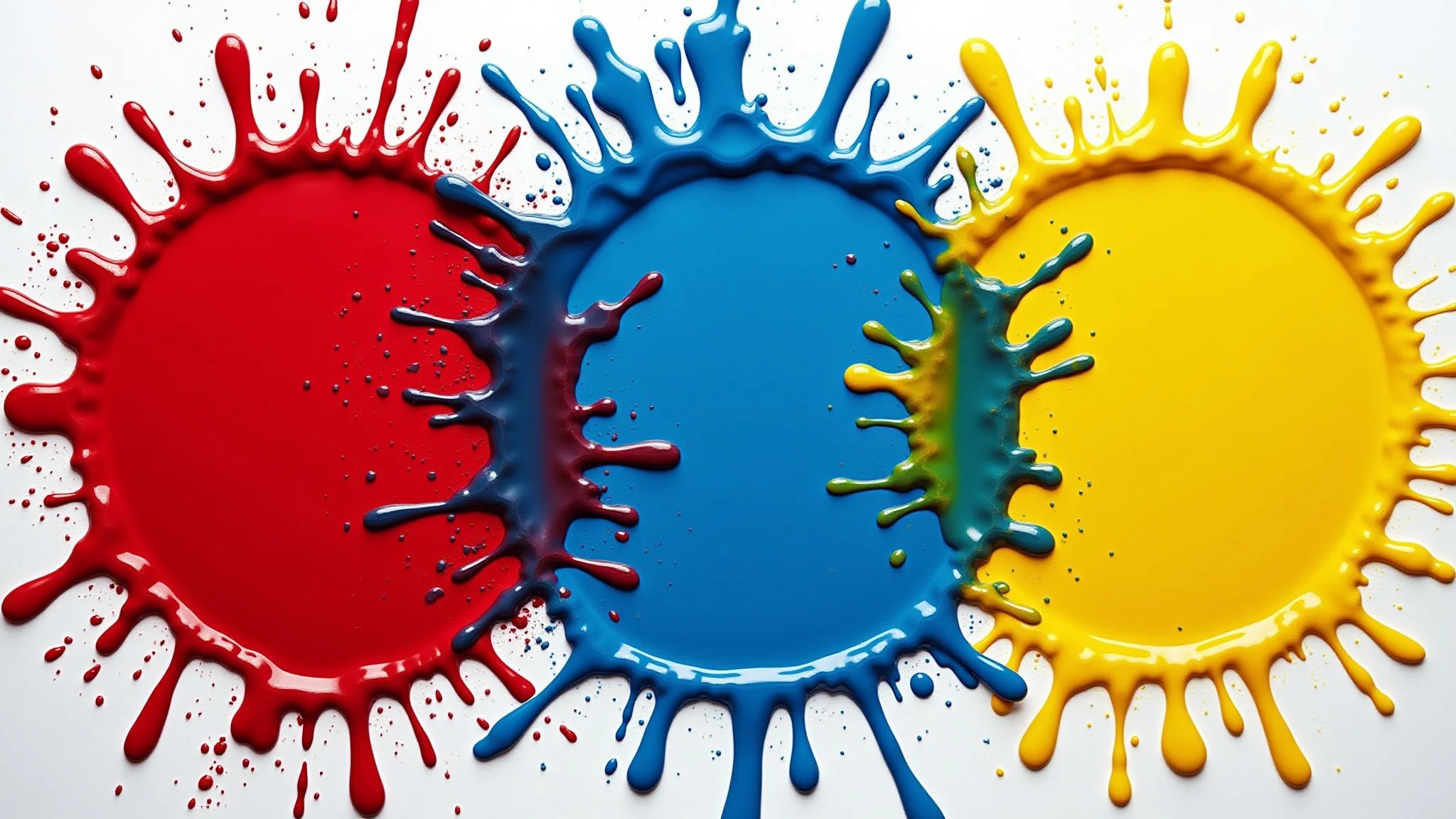 Psicologia das cores: vermelho (paixão), azul (calma) e amarelo (alegria) em explosão de tinta.
