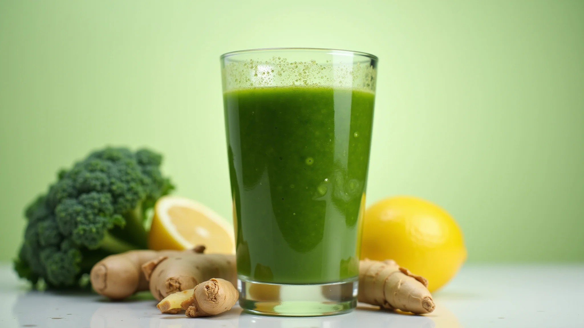 Copo vibrante de suco detox verde com couve, limão e gengibre, foco na frescura.