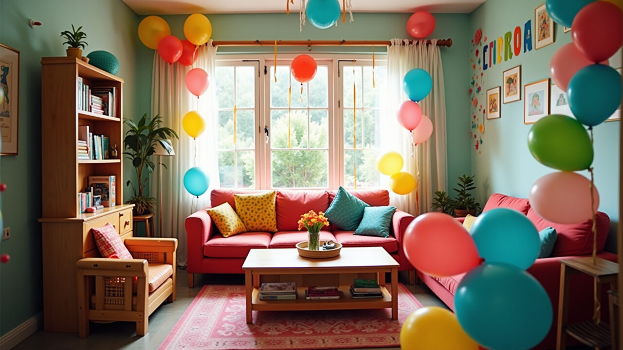 Sala decorada para o Dia das Crianças com balões coloridos e decoração artesanal.