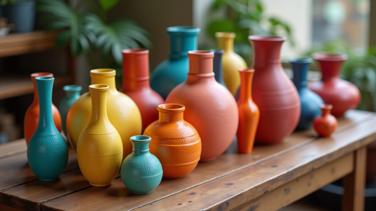 Vasos de gesso coloridos em uma mesa de madeira rústica.