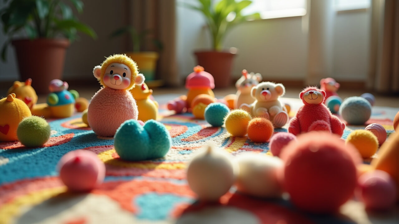 Brinquedos diversos espalhados em tapete colorido.