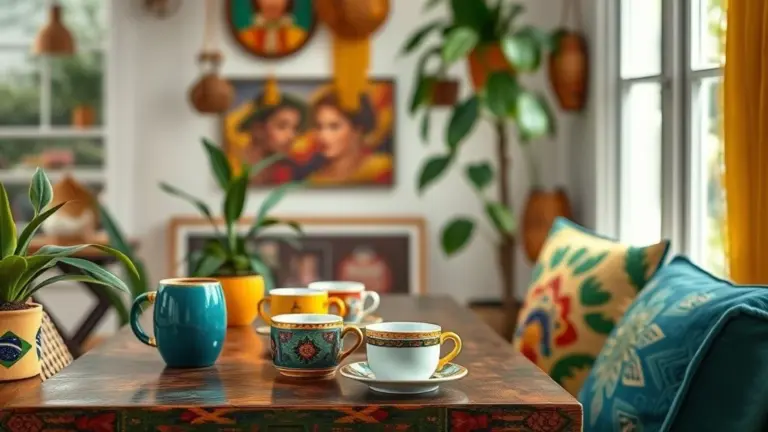 Cantinho do café vibrante em casa brasileira, com canecas coloridas e decoração temática.