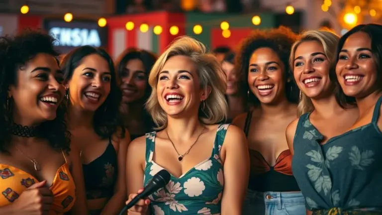 Mulheres brasileiras diversas assistindo show de stand-up, vestindo roupas casuais e estilosas.