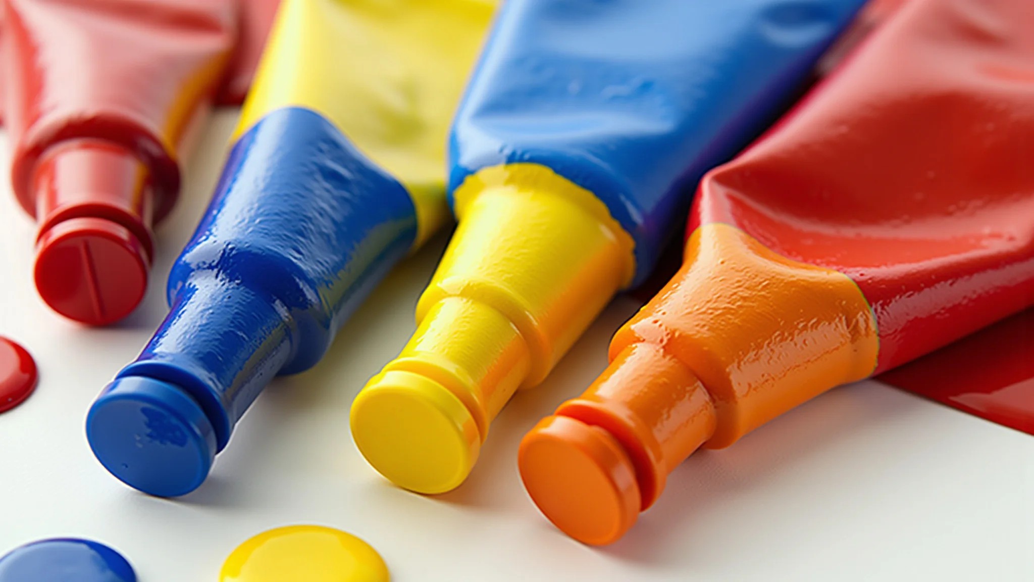 Fotografia vibrante de tintas vermelhas, azuis e amarelas, representando o conceito de cores primárias.
