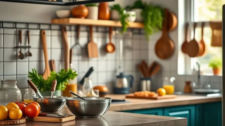 Cozinha vibrante com utensílios essenciais, estilo brasileiro, luz natural.