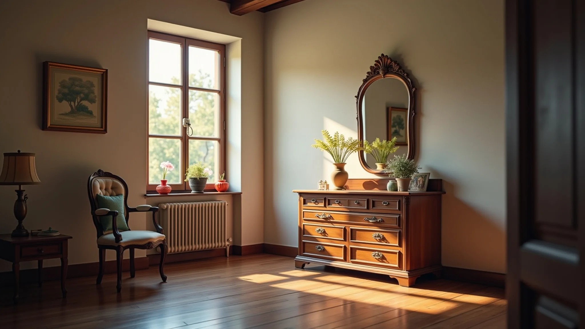 Quarto vintage com cômoda de madeira restaurada e espelho antigo.