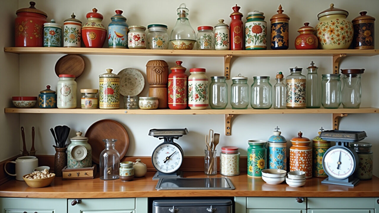 Acessórios vintage como potes de vidro e balanças antigas na cozinha.