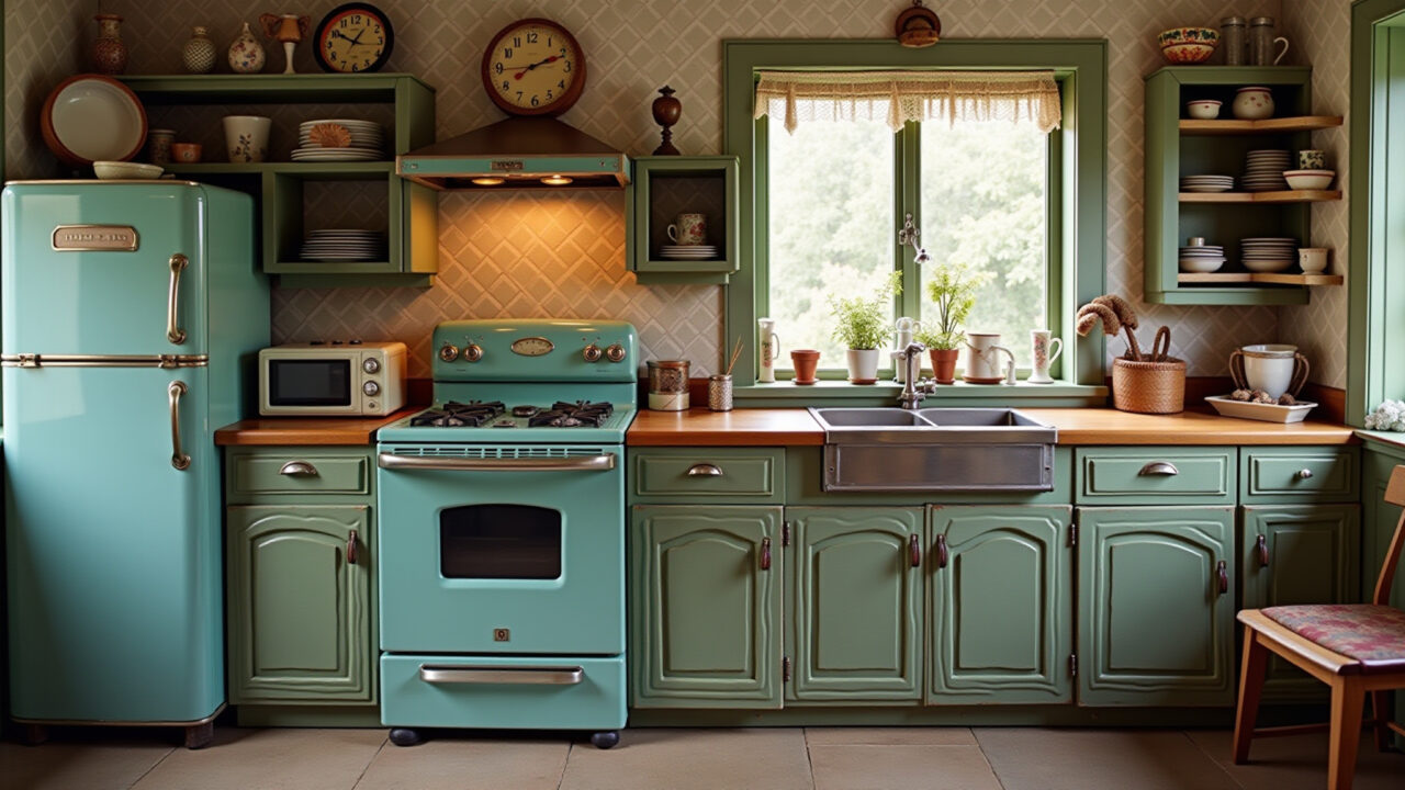 Vintage kitchen, antique pieces, retro design, geometric prints, old appliances, professional Cozinha vintage com móveis retrô e eletrodomésticos coloridos.