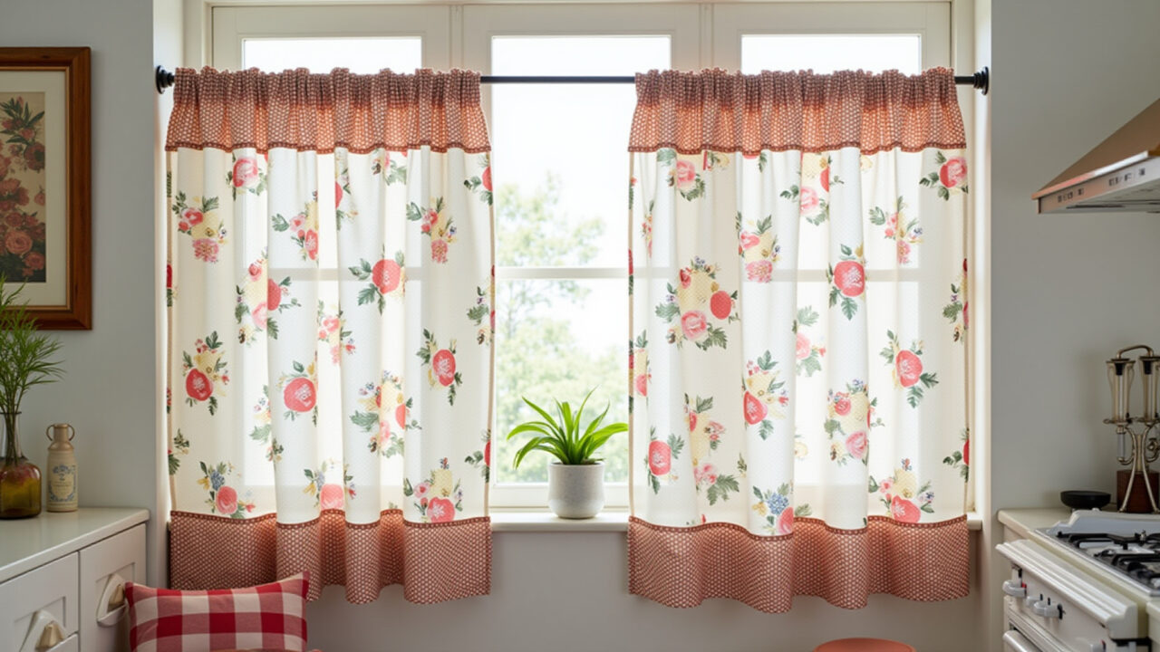 Cortinas vintage com tecidos de algodão e estampas florais.