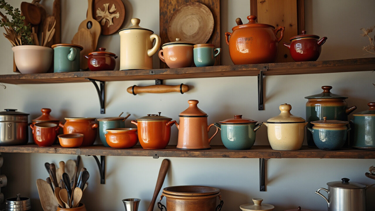 Objetos de decoração vintage como potes de cerâmica e utensílios de madeira.