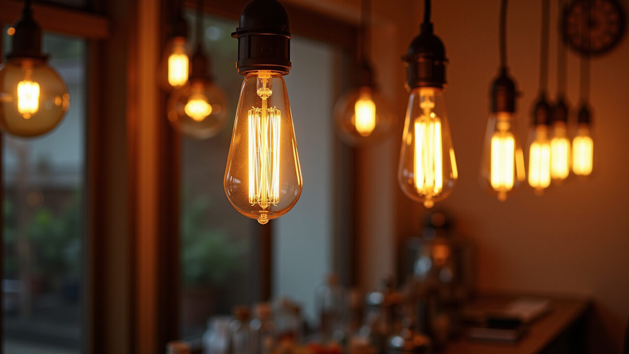 Iluminação vintage com lâmpadas de filamento e pendentes retrô.