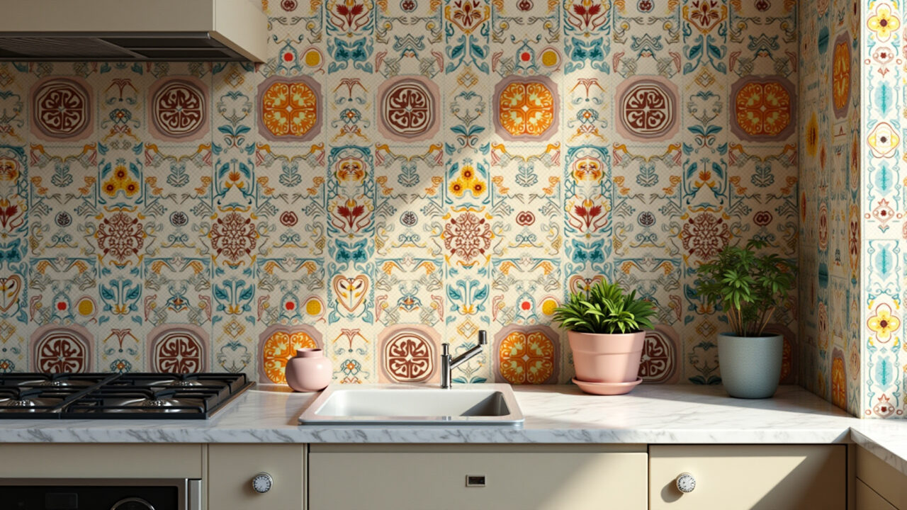 Azulejos vintage com estampas florais e geométricas na cozinha.