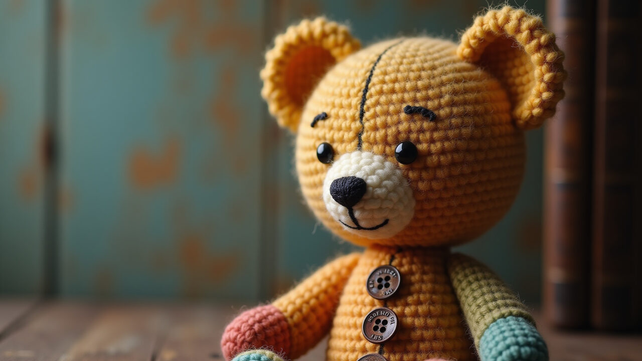 Amigurumi de urso de pelúcia vintage com botões antigos.
