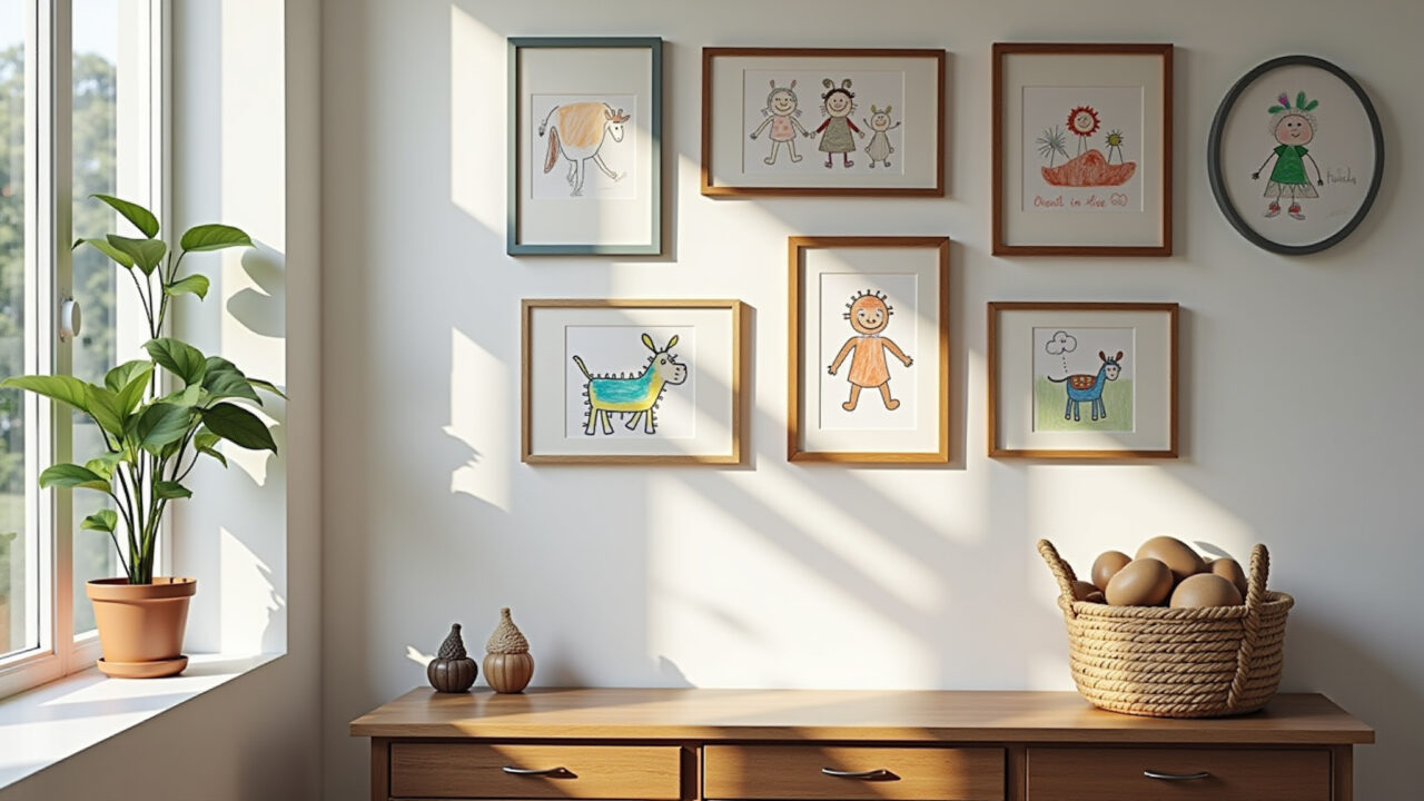 Galeria de parede exibindo desenhos e artesanato infantil em molduras coloridas.