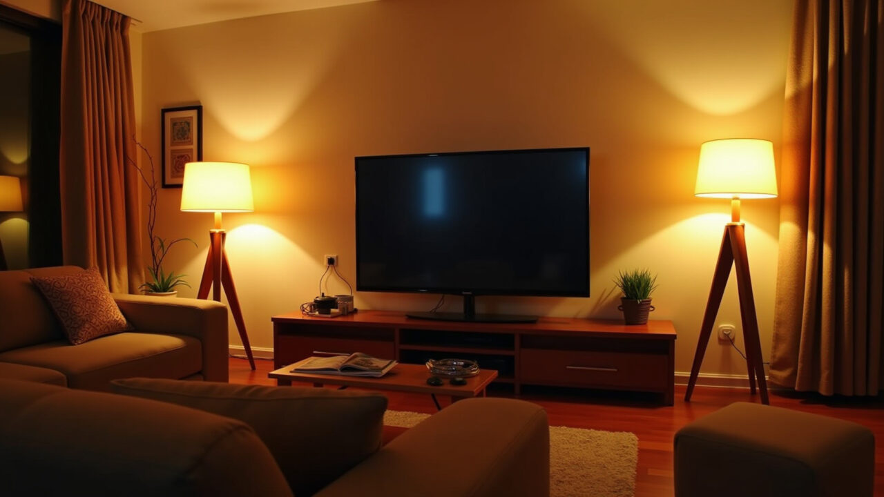 Iluminação quente com lâmpadas e fitas de LED em sala de TV brasileira.