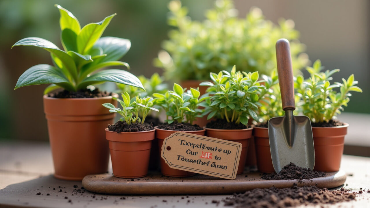 Kit de jardinagem personalizado para idosos com vaso decorado e materiais para plantio.