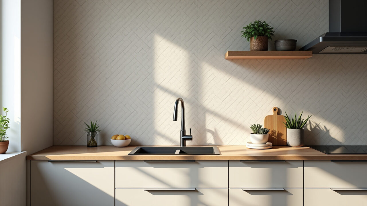 Papel de parede lavável com textura moderna em cozinha charmosa.