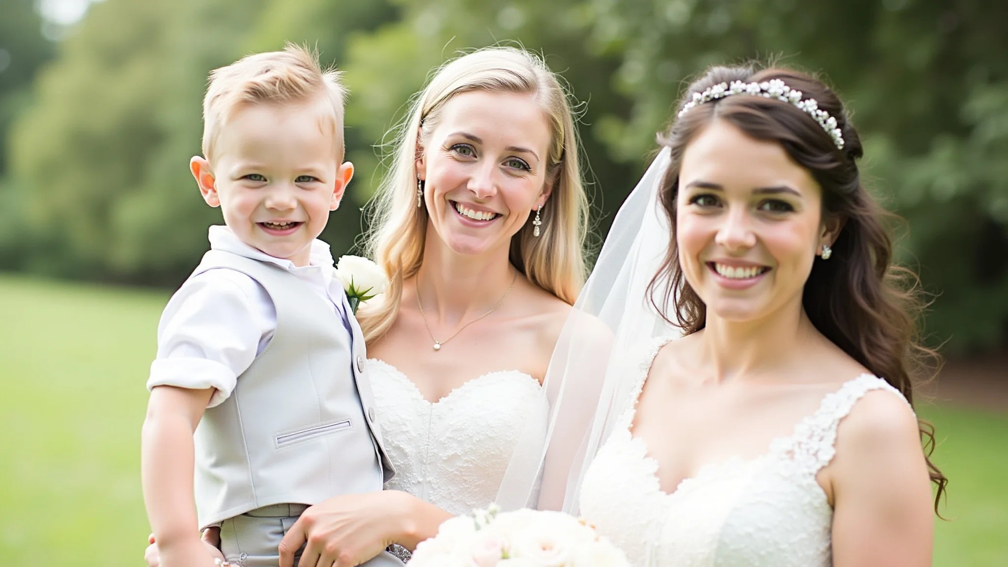 Pajem e daminha sorrindo, usando roupas brancas em casamento.