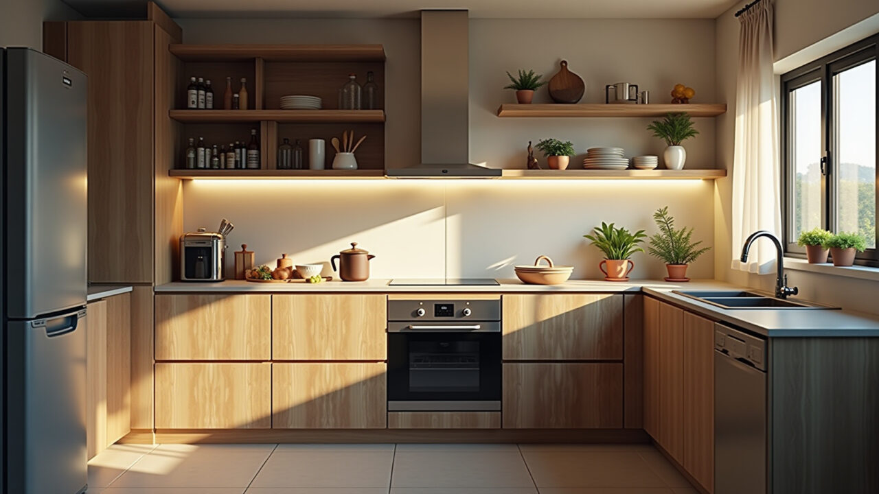 Cozinha compacta com boa iluminação para um ambiente agradável.