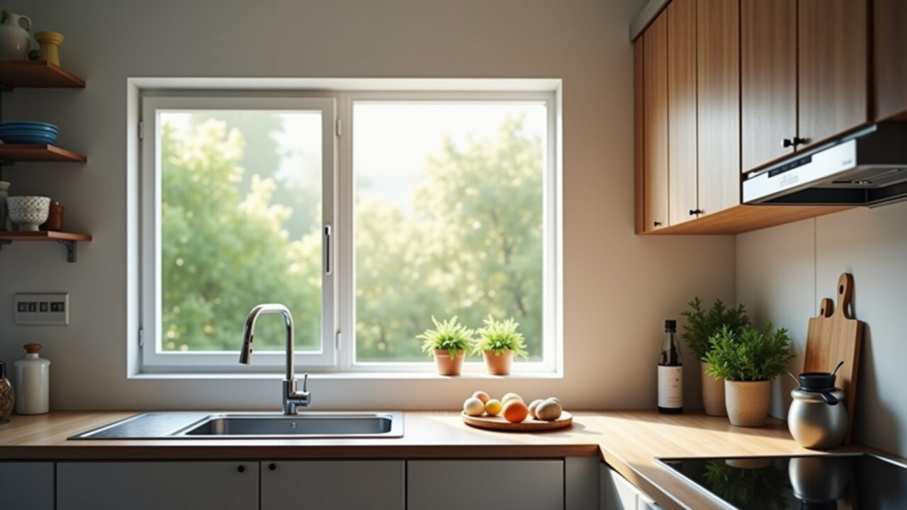 Cozinha bem ventilada com janela aberta e uma coifa moderna sobre o fogão.