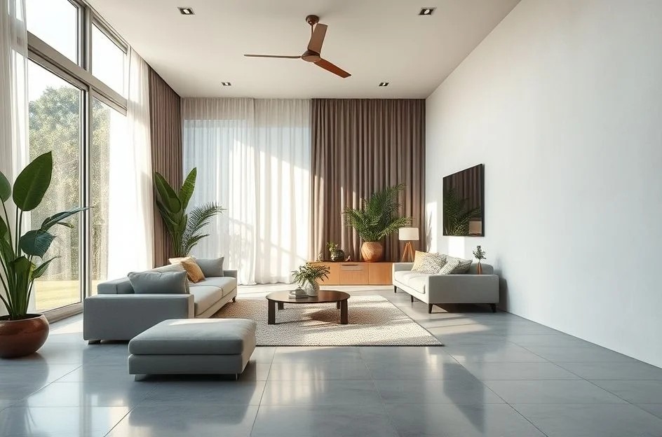Porcelanato polido e acetinado lado a lado em sala brasileira moderna. Opções de piso para sua casa.