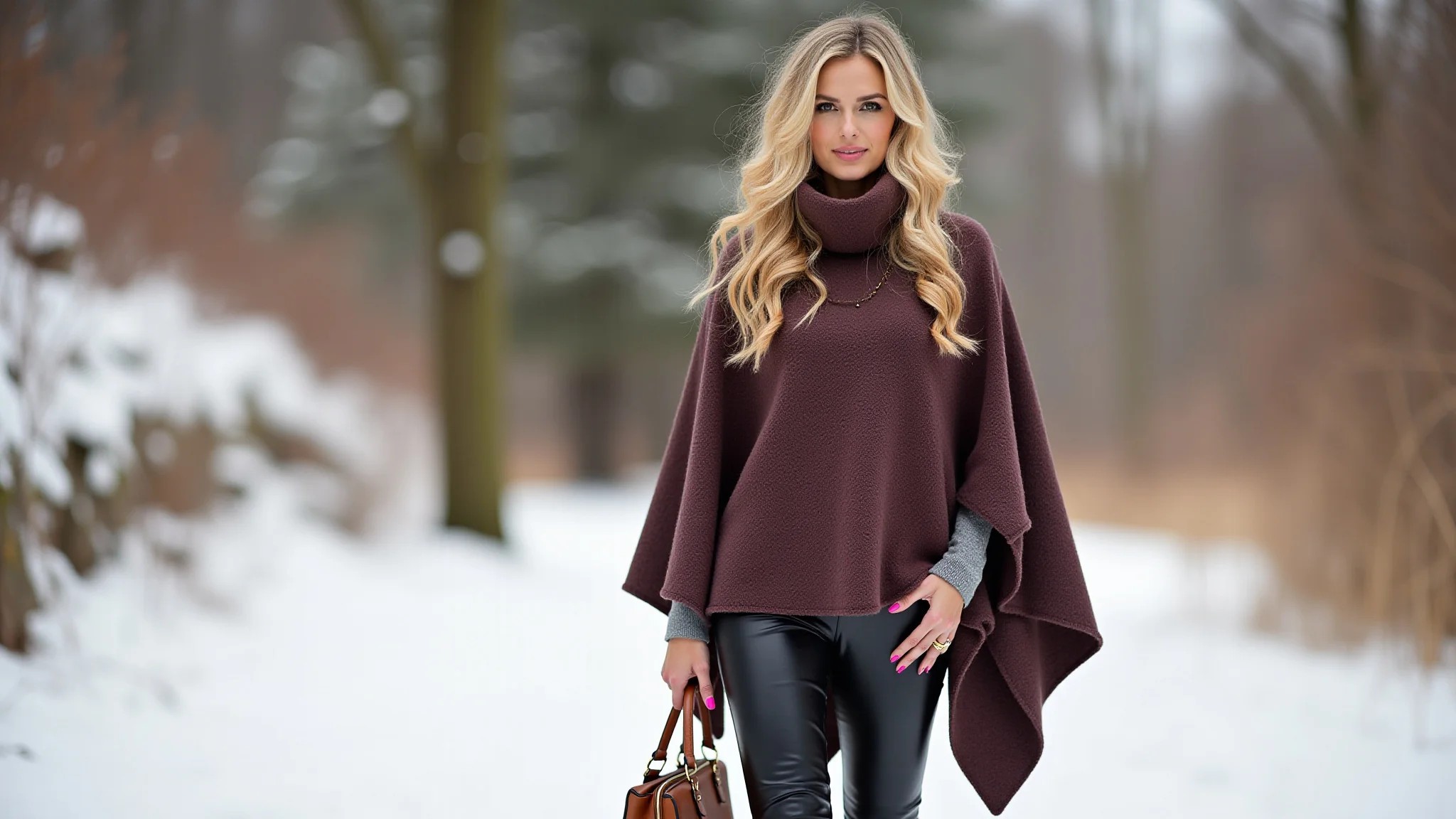 Look de inverno: mulher com poncho de lã, bota over-the-knee e calça de couro.