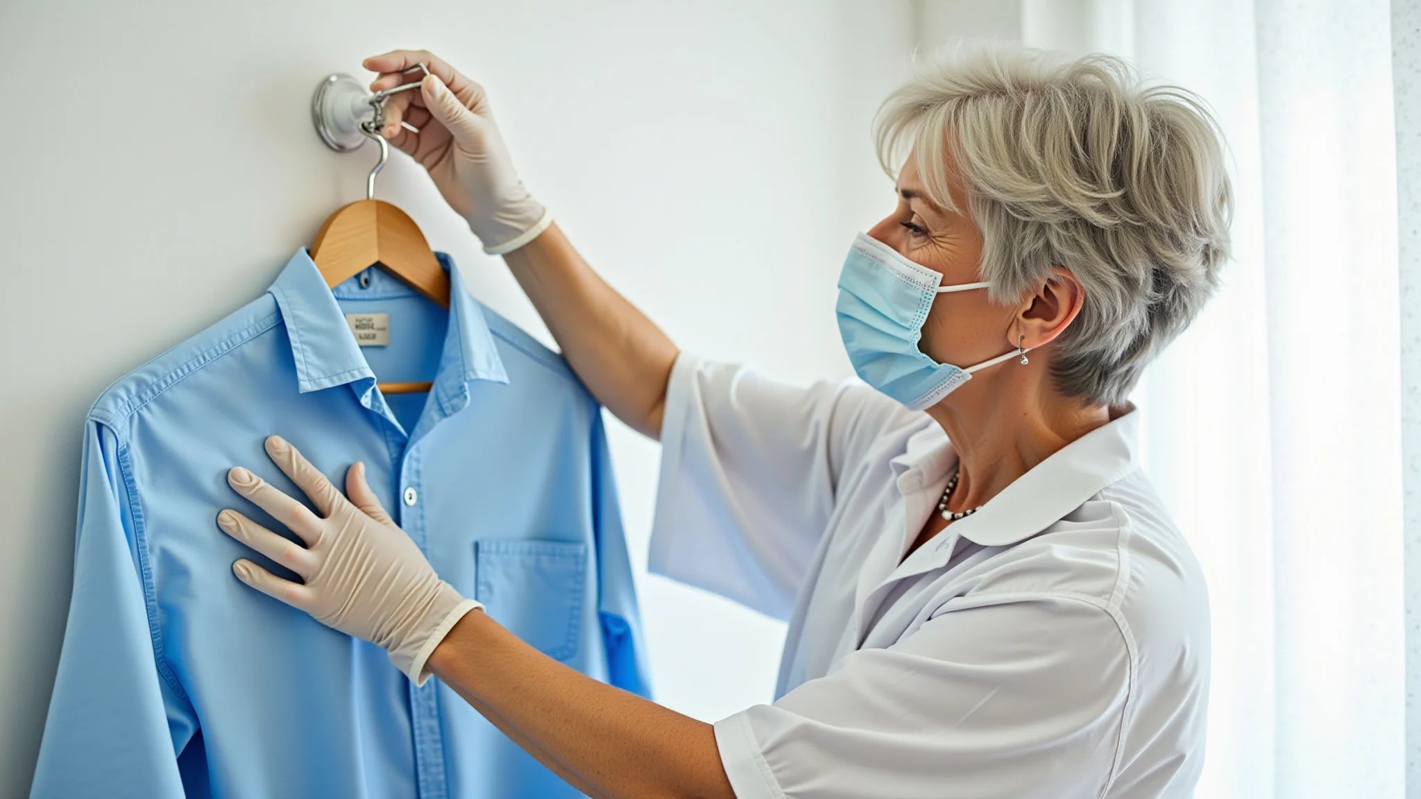Mulher aplicando água oxigenada diluída em camisa azul clara com mofo.