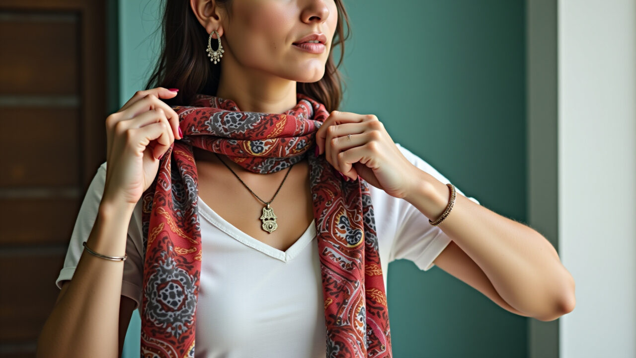 Woman accessorizing a basic outfit with colorful scarf and jewelry, Brazilian style, natural light, Mulher adicionando acessórios a um look básico.