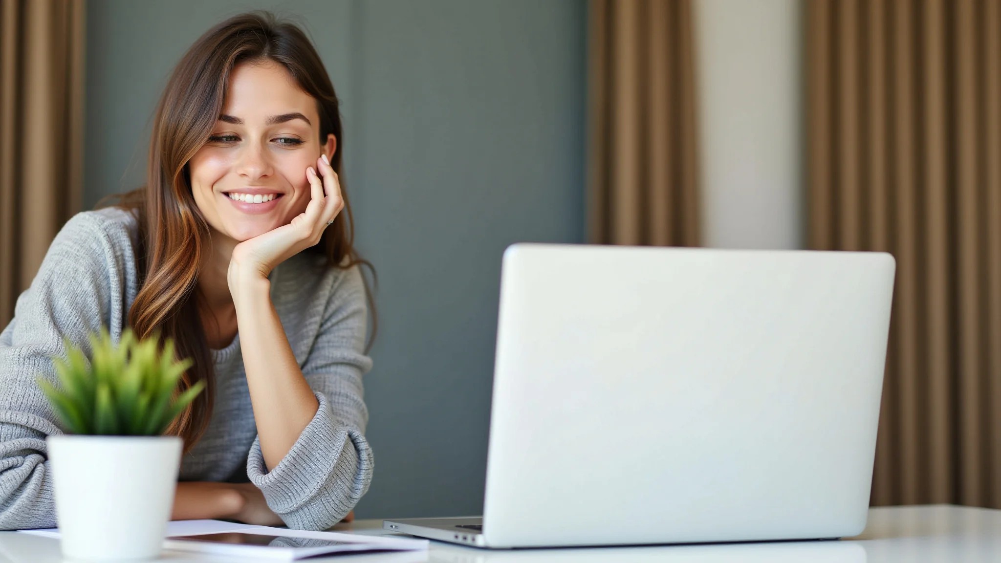 Afiliada de marketing promovendo produtos digitais no laptop.