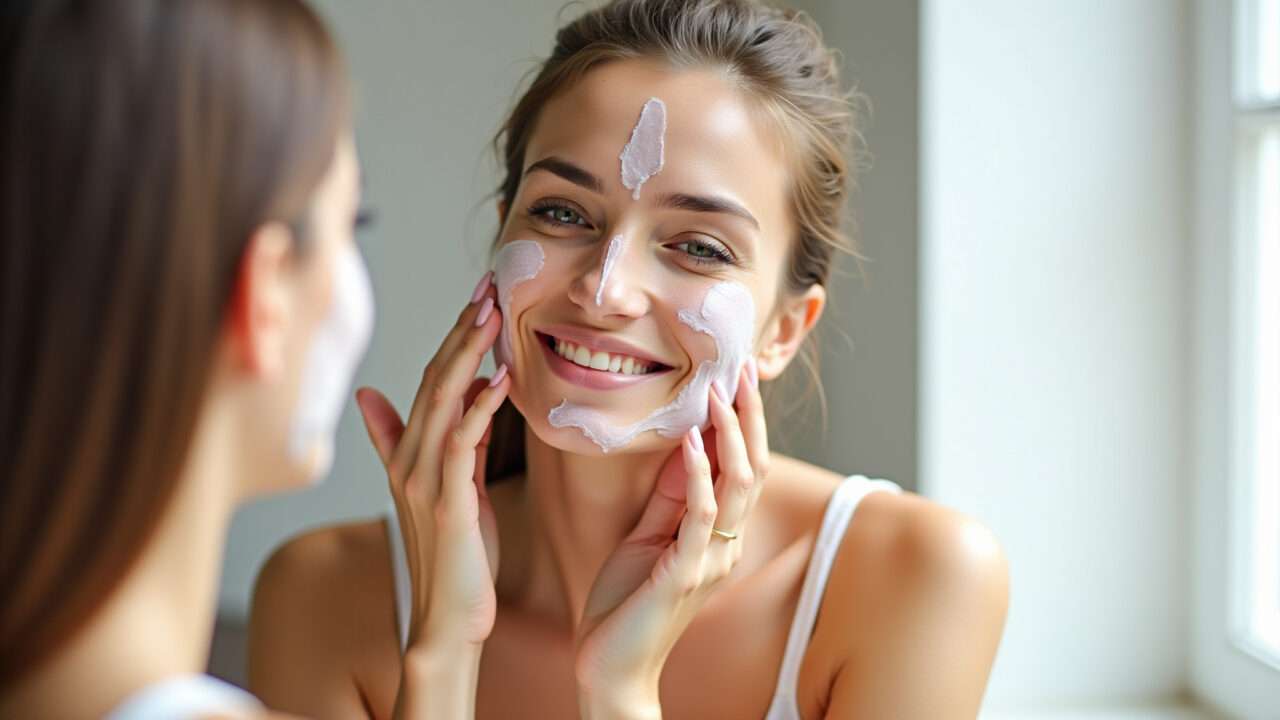 Mulher aplicando peeling glicólico suave em casa.