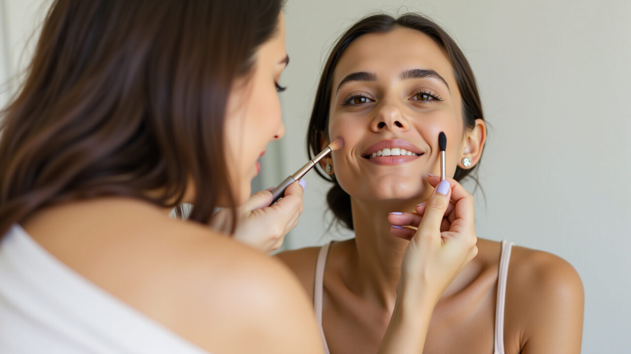 Woman applying light makeup, enhancing natural beauty, Brazilian style, soft natural lighting, Mulher aplicando maquiagem leve, realçando beleza natural.