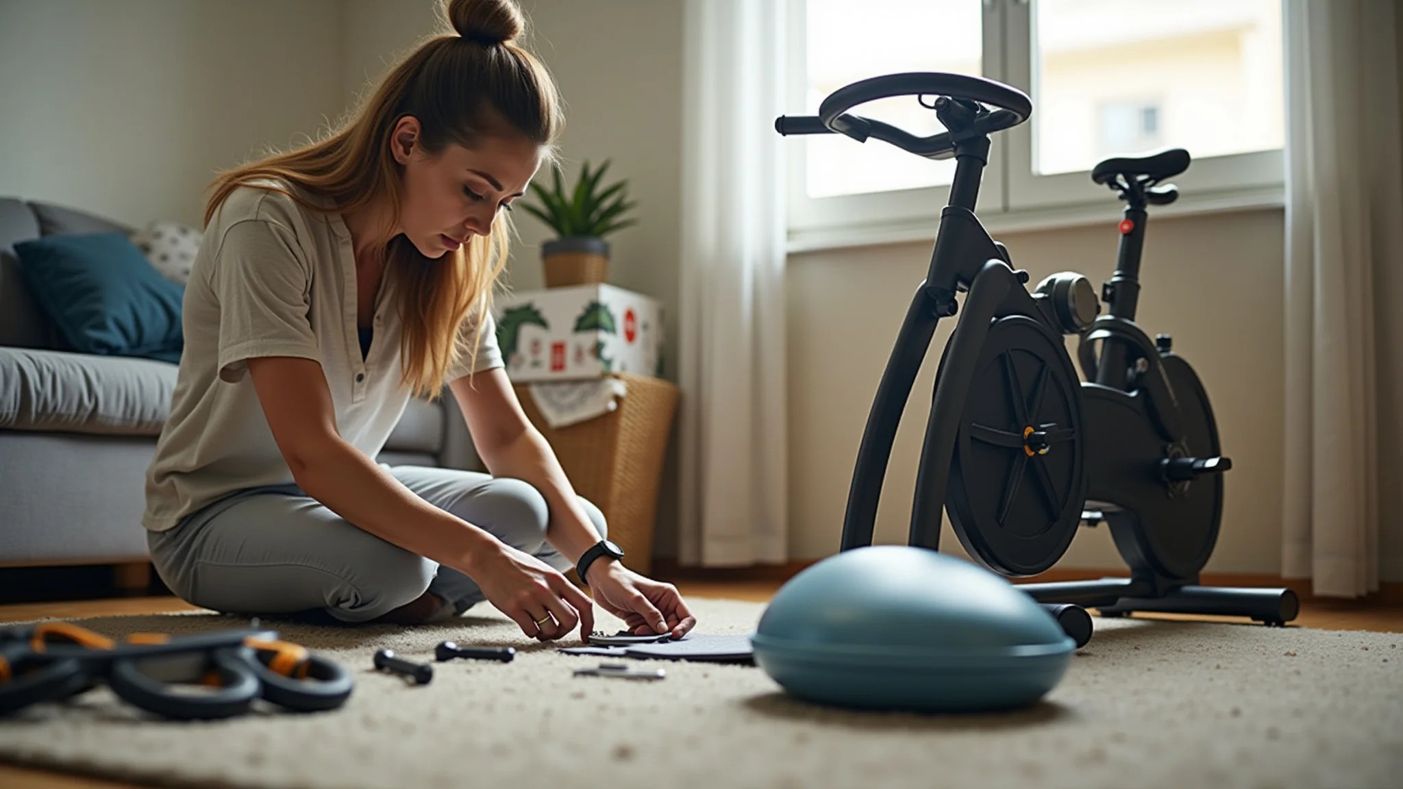 Mulher montando bicicleta ergométrica em casa, com ferramentas e manual.