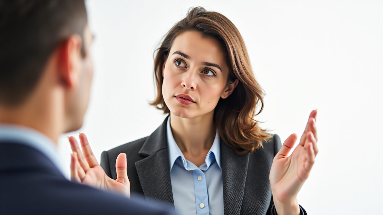 Woman attentively observing body language cues during a conversation, subtle expressions, Mulher observando atentamente a linguagem corporal durante uma conversa.