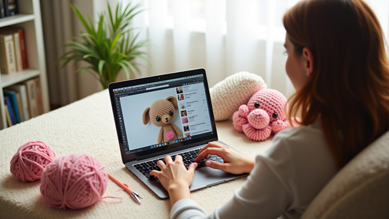 Woman browsing amigurumi tutorials online, inspiration, laptop, yarn, crochet hook, cozy room, Buscando inspiração e tutoriais de costura para amigurumi.