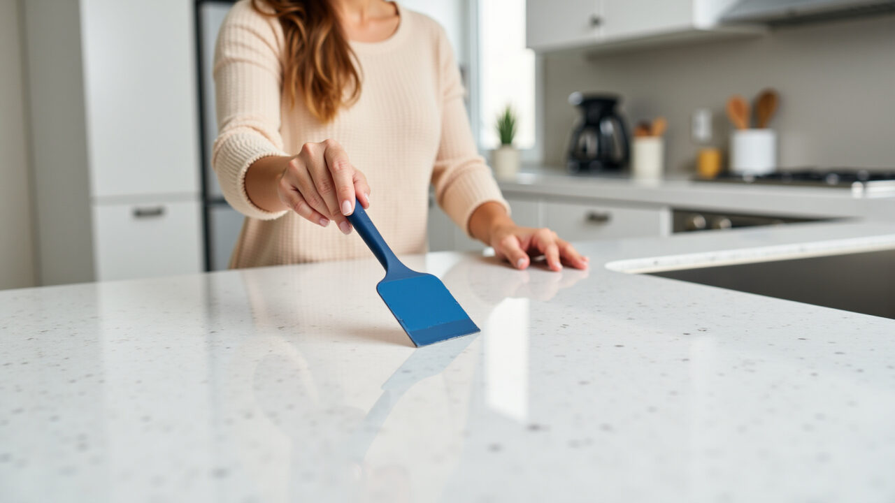 Remoção de tinta de bancada de quartzo sem danificar.