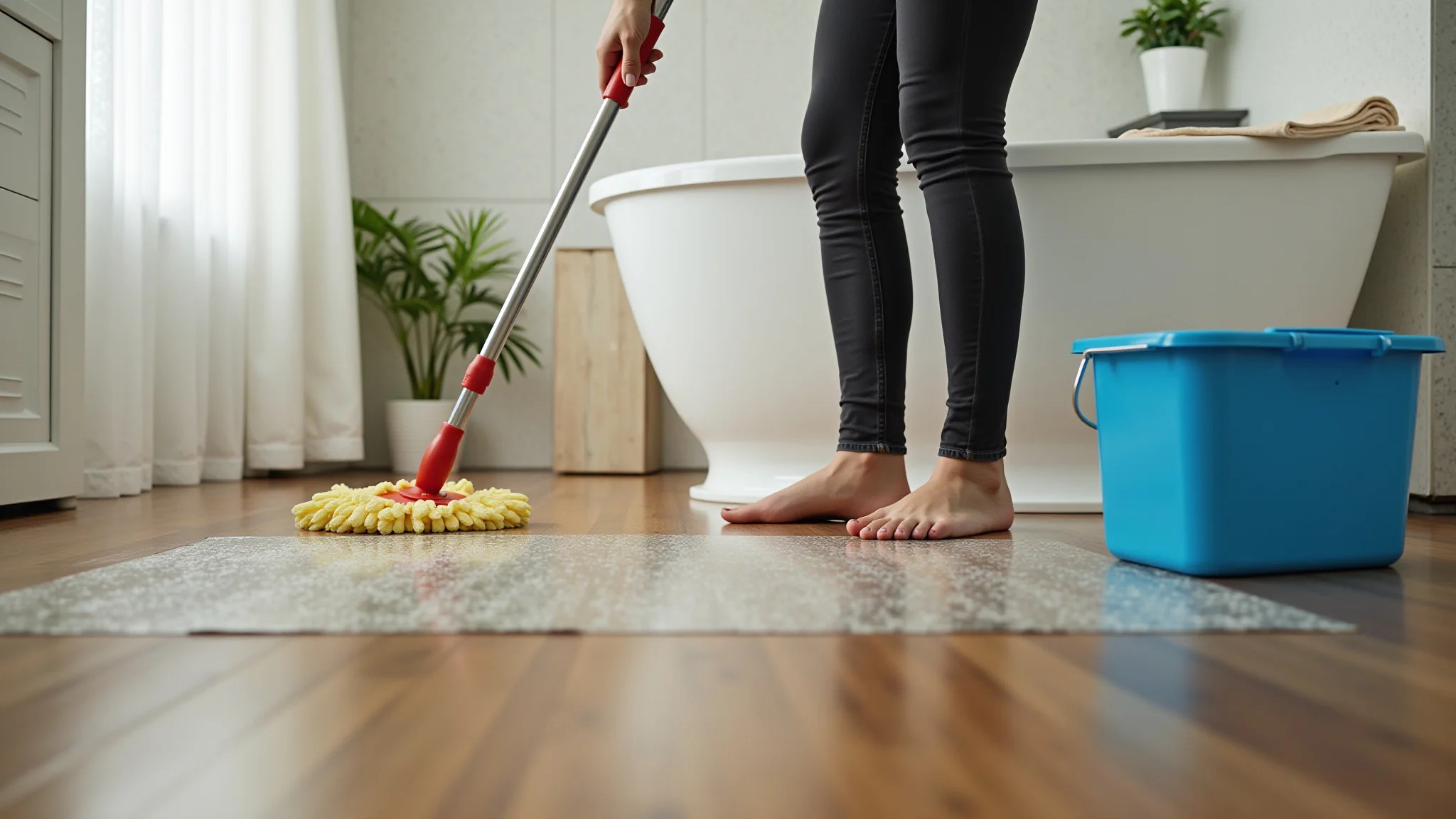 Mulher limpando piso de madeira do banheiro com pano úmido e produto neutro.