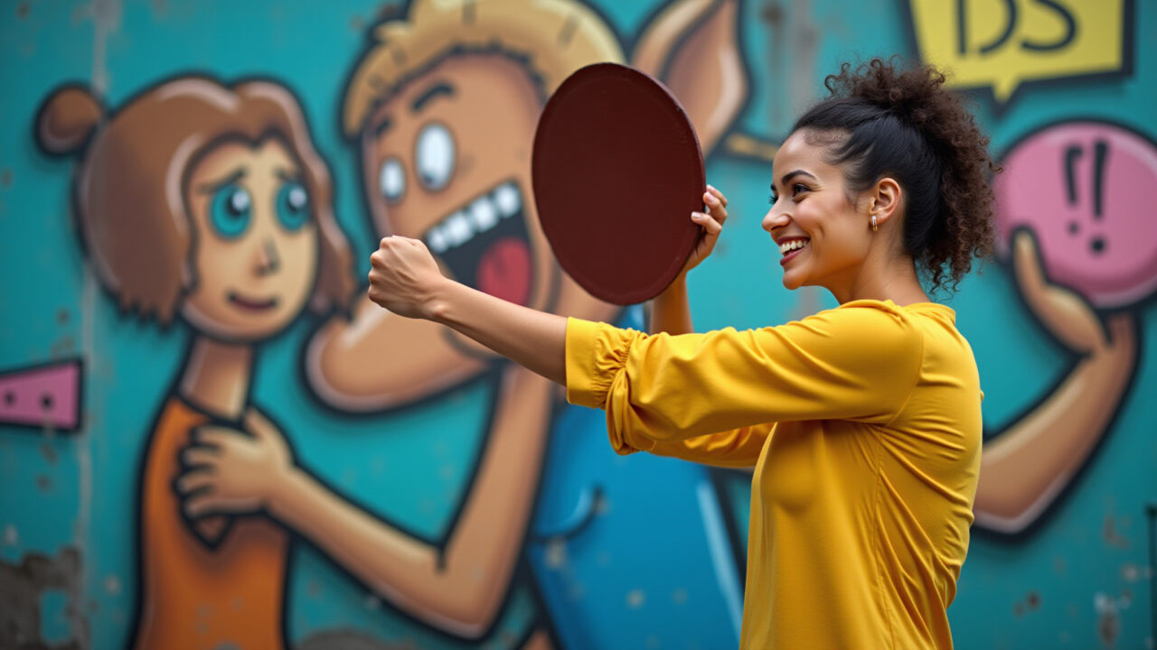 Woman confidently deflecting emotional manipulation with a shield of self-awareness, vibrant Mulher confiante se protegendo da manipulação emocional com autoconsciência.