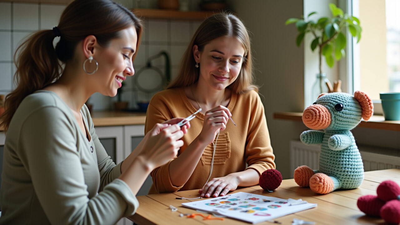 Woman crafting amigurumi, sharing process on Instagram Stories, engaging content, cozy Brazilian Artesã criando amigurumi e compartilhando no Instagram.