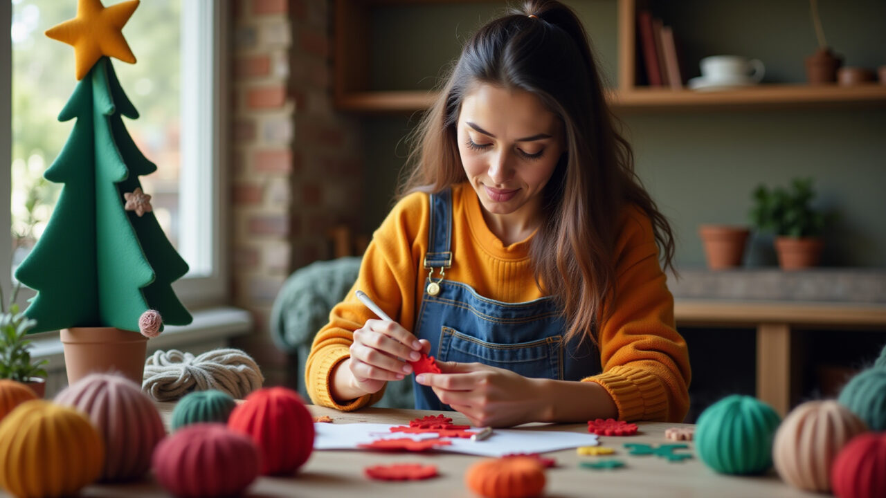 Artesã criando enfeites de feltro.