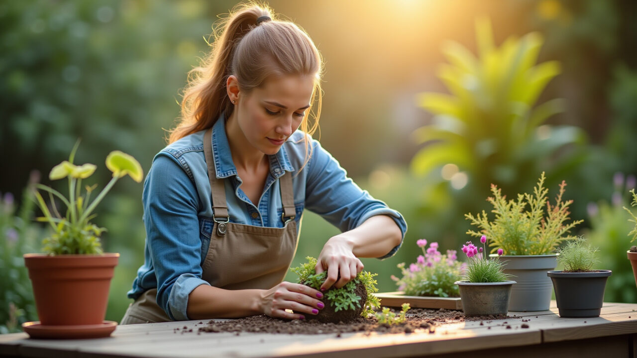 Mulher criando vasos de plantas com garrafas PET em jardim ensolarado.