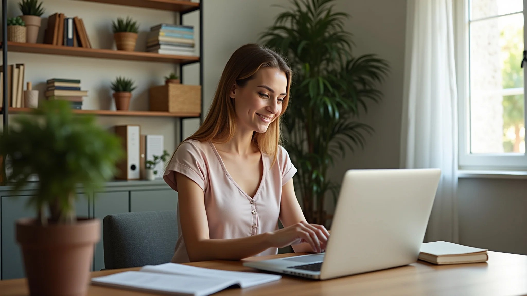 Mulher criando conteúdo para curso online em escritório aconchegante.